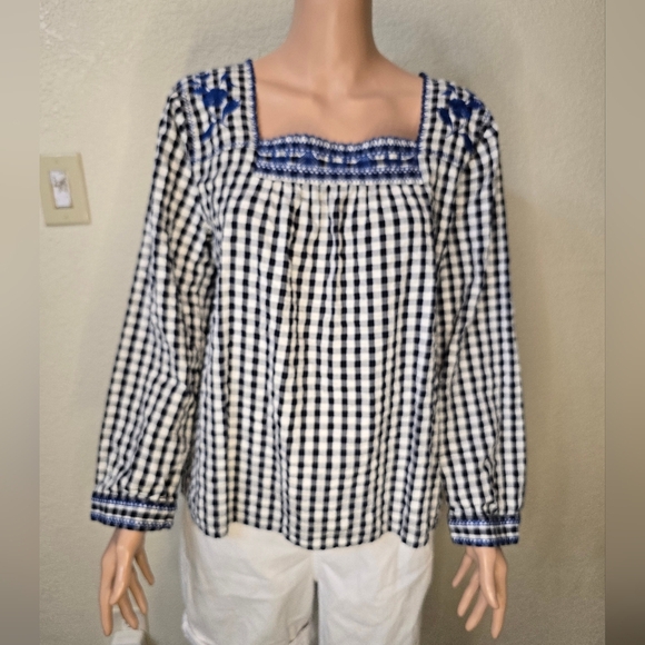 J. Crew Black Blue Gingham Plaid Floral Embroidered Square Neck Tunic Top Large - Picture 6 of 14